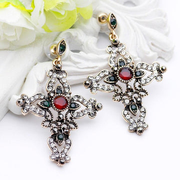 NEW Hollow Flower Antique Gold Color Vintage Cross Ethnic Retro Dangle Earrings - Religious Jewellery - The Jewellery Supermarket